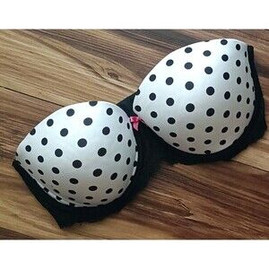 Victoria's Secret PINK Strapless Bra Size 34D Push Up White Black Polka Dot Lace